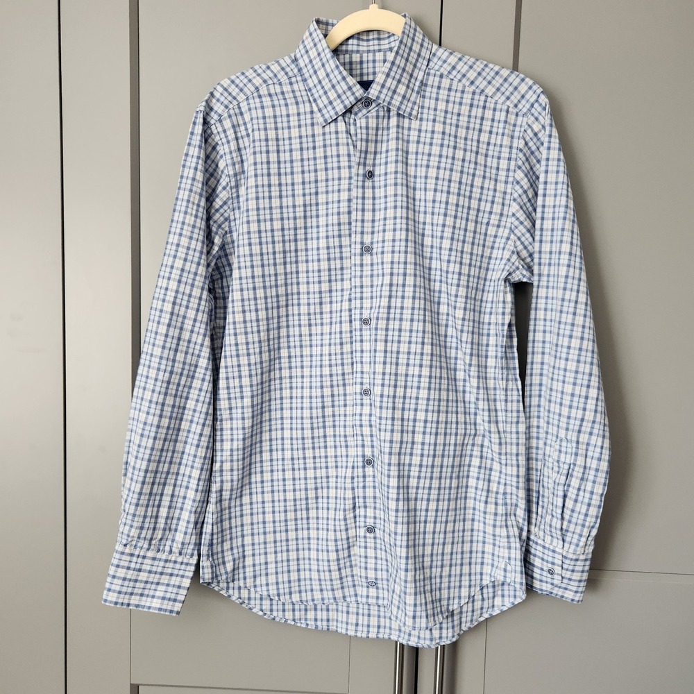 New David Donahue Men S Blue White Check Long Sleeve Button Up Shirt Cotton Flaw